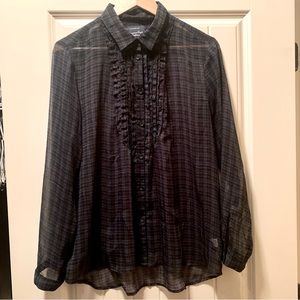 American Eagle Sheer Ruffled Plaid Button Up Blouse Women’s XL, Favorite Fit ✨